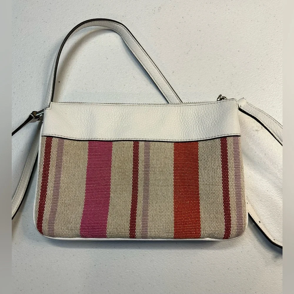 Kate Spade New York Striped Canvas White Leather Crossbody Bag Gold Hardware
